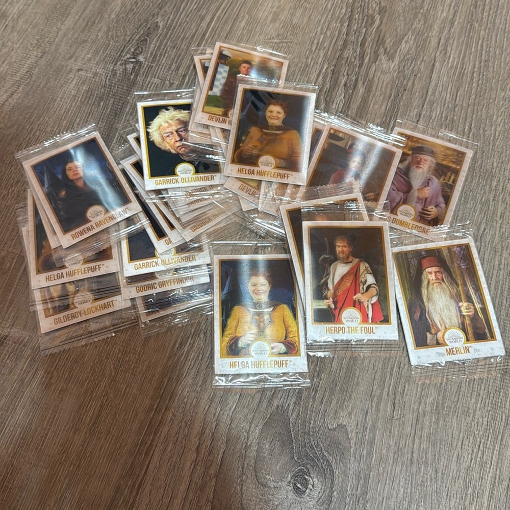 Assortment of Harry Potter chocolate frog cards.